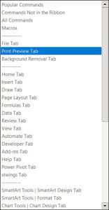 A screenshot showing the quick access toolbar's choose commands list.