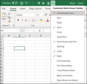 The quick access toolbar customisation menu showing ticked and unticked items on the current menu selection