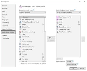 A screenshot of the Quick Access Toolbar's more commands window.