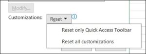 A screenshot showing the expanded selection of the reset button in the quick access toolbar customisation window.