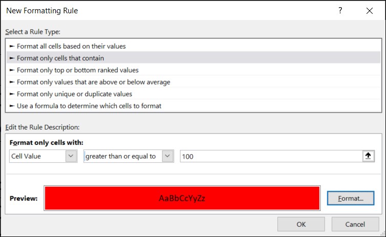 Conditional Formatting: New Formatting Rule window