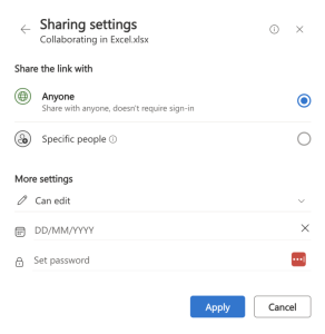 A screenshot from Microsoft 365 Excel for Web Application showing the 'Sharing Setting' window.