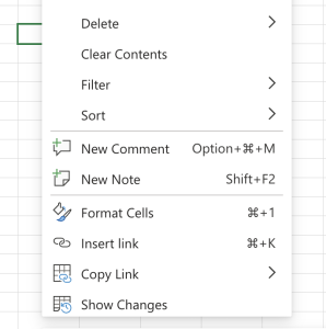 A screenshot from Microsoft 365 Excel for Web Application showing the menu that appears when you right click into a cell.
