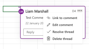 A screenshot from Microsoft 365 Excel for Web Application showing the comment options when you click the three dots in the top right corner of a comment.