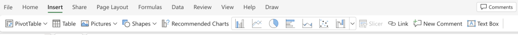 A screenshot from Microsoft 365 Excel for Web Application showing the 'Insert' bar in the main ribbon